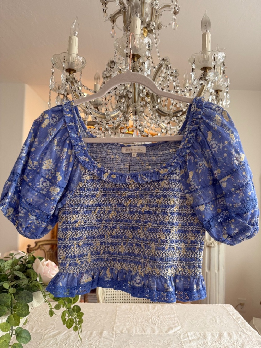 LoveShackFancy Molly Top Smocked Blue Floral Puff Sleeve XS NWOT P